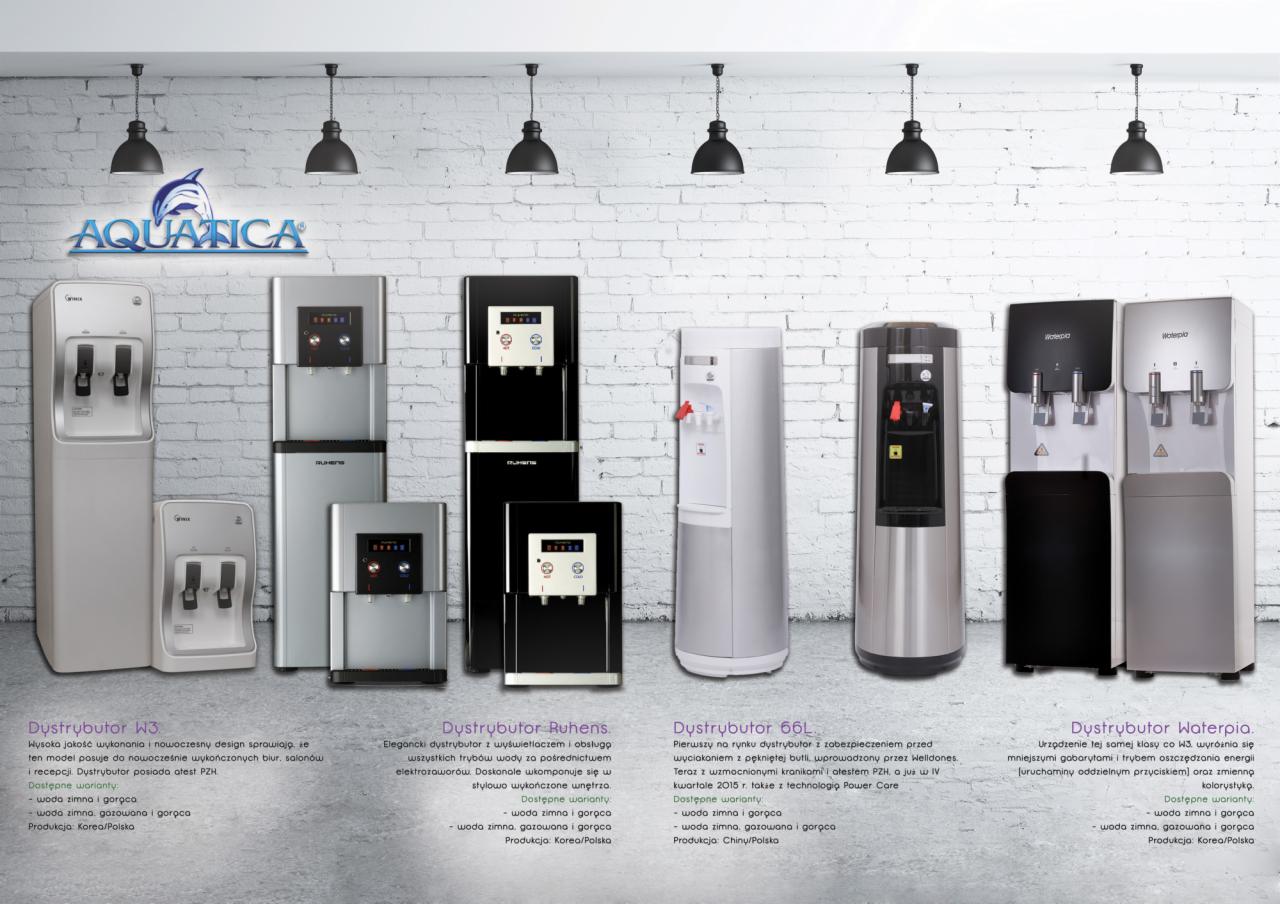 Różne modele dystrybutorów wody marek Aquatica, Ruhens i Waterpia na tle białej ceglanej ściany z wiszącymi lampami.