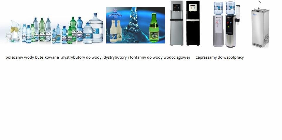 Kompozycja prezentująca różne rodzaje wody butelkowanej, dystrybutory wody biurowej oraz fontanny wodociągowe.