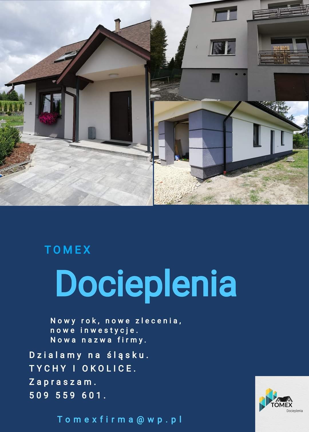 Kolaż zdjęć przedstawiający trzy domy po pracach elewacyjnych, z dodatkowym tekstem reklamowym firmy TOMEX oferującej usługi dociepleń, z hasłami reklamowymi i danymi kontaktowymi.