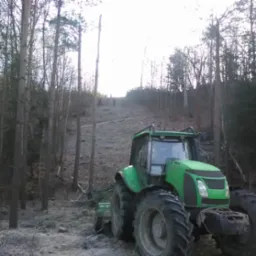 Zielony traktor z podczepionym urządzeniem do karczowania pni na tle wykarczowanego fragmentu lasu w pochmurny dzień.