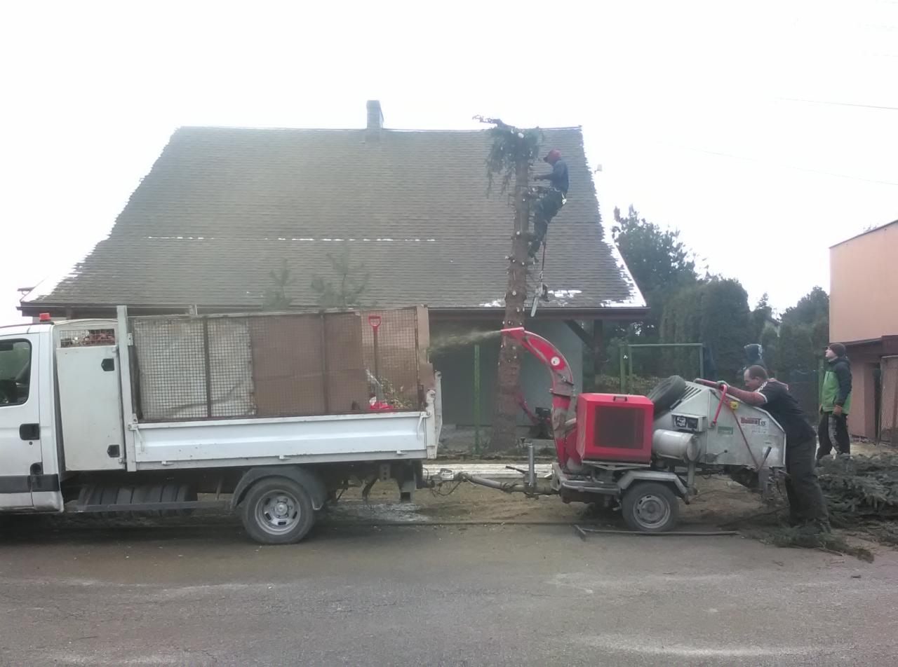 Pracownik na wysokości przycina drzewo, gałęzie wrzucane do rębaka podłączonego do białej ciężarówki, dom z szarym dachem w tle.