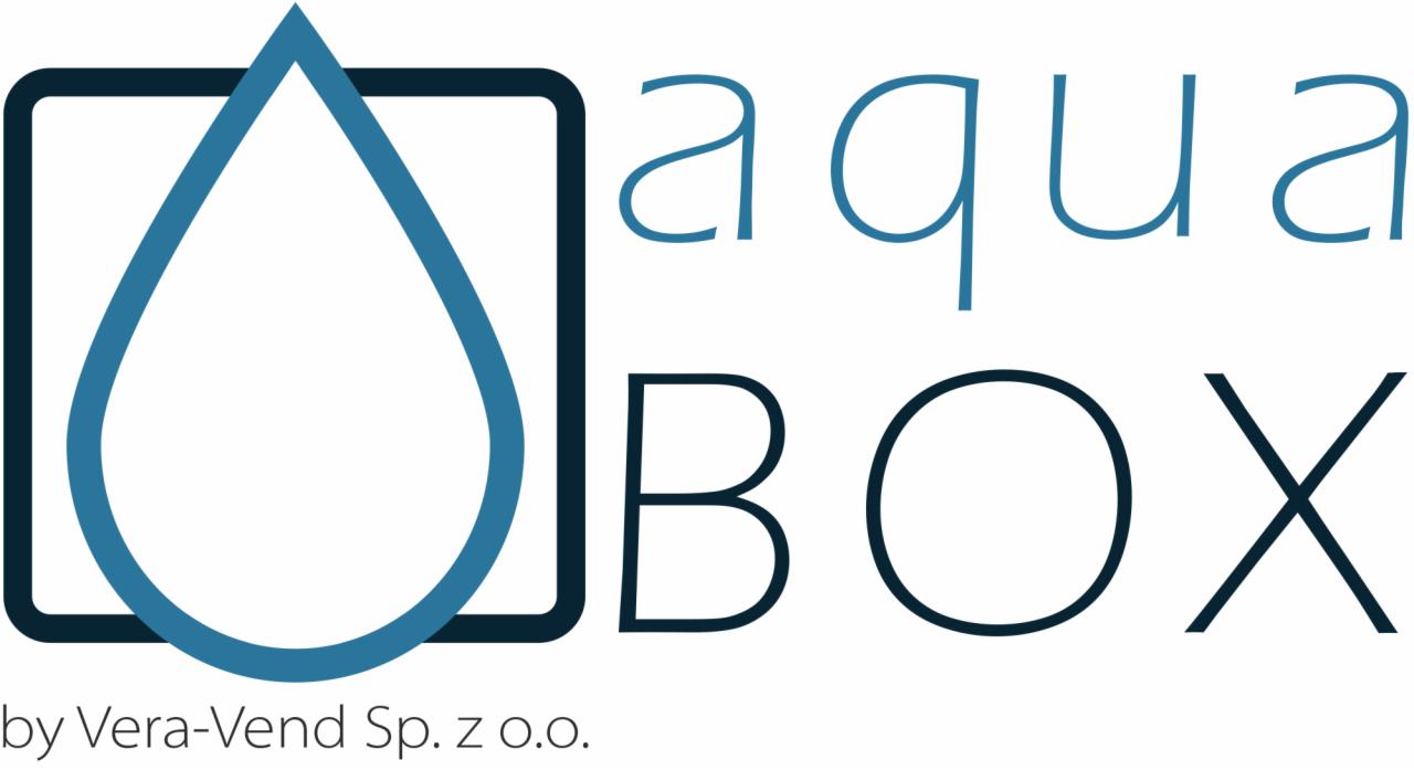 Logo AquaBox: Stylizowana kropla wody w kwadracie obok napisu 'aqua BOX' i 'by Vera-Vend Sp. z o.o.' na białym tle.