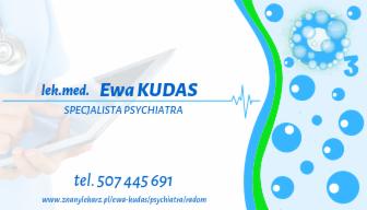 Wizytówka lek. med. Ewy Kudas, specjalisty psychiatry, z elementami graficznymi w odcieniach błękitu i zieleni, częściowo widoczny stetoskop i dłoń trzymająca tablet.