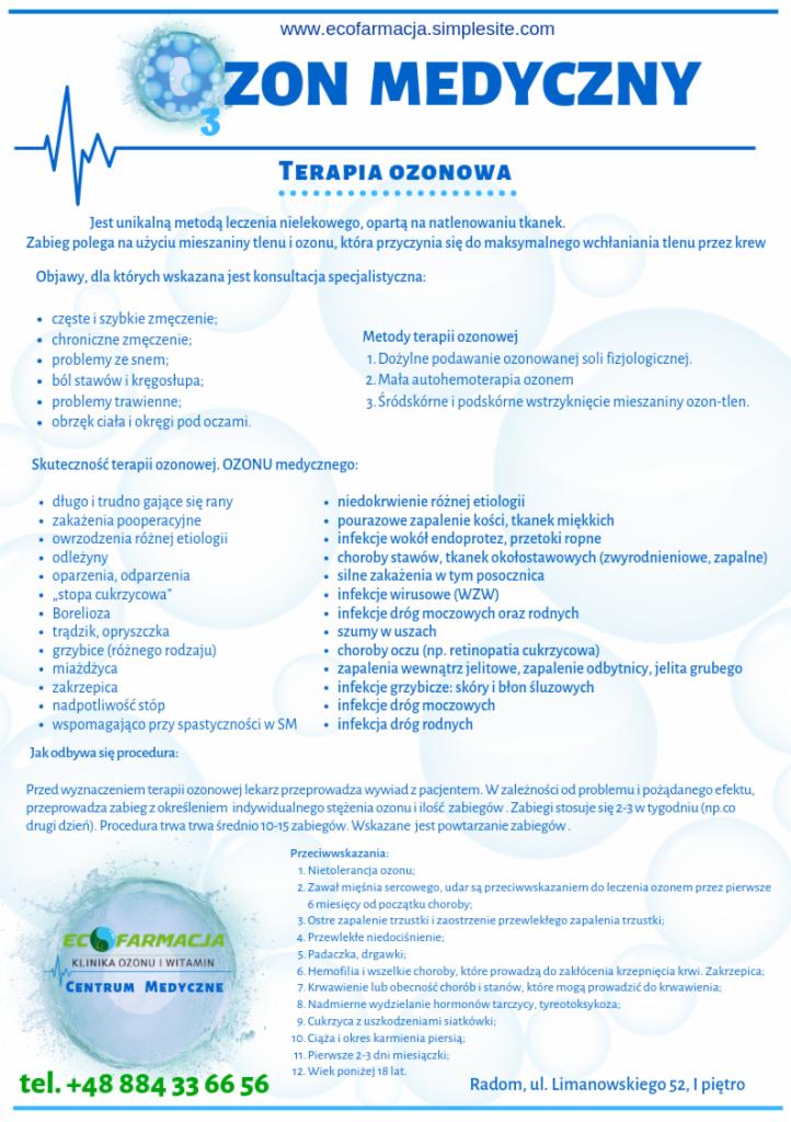 Infografika informacyjna o terapii ozonowej, wskazująca na jej zastosowanie w leczeniu różnych schorzeń i dolegliwości, z listą wskazań i przeciwwskazań, oraz danymi kontaktowymi kliniki.