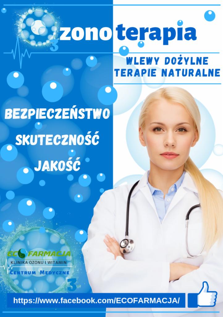 Plakat reklamowy kliniki ozonoterapii i witamin z wizerunkiem uśmiechniętej lekarki w białym fartuchu i stetoskopem na szyi, hasłami Bezpieczeństwo, Skuteczność, Jakość oraz adresem strony...