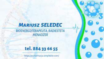 Wizytówka bioenergoterapeuty Mariusza Seledca z numerem telefonu i adresem strony internetowej, na tle grafika DNA i stylizowane bąbelki