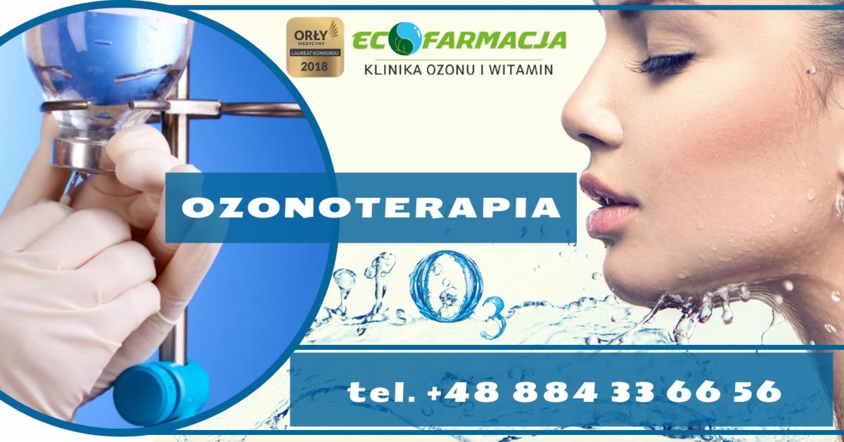 Grafika reklamowa kliniki ozonoterapii ECO Farmacja z laurem Orły Medycyny 2018, przedstawiająca dłoń w lateksowej rękawiczce trzymającą szklany pojemnik z płynem, symbol ozonu O3 w wodzie...