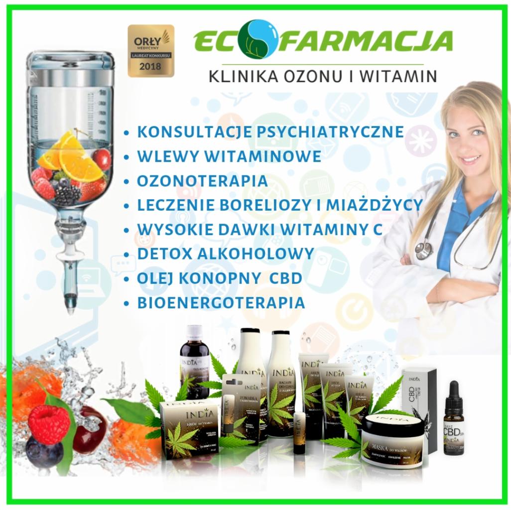 Plakat reklamowy kliniki 'Eco Farmacja' oferującej konsultacje psychiatryczne, wlewy witaminowe, ozonoterapię, leczenie boreliozy i miażdżycy, wysokie dawki witaminy C, detox alkoholowy, olej...