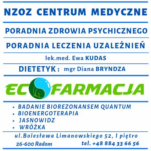 Szyld NZOZ Centrum Medyczne z ofertą poradni zdrowia psychicznego, leczenia uzależnień, dietetyka, bioenergoterapii, badania biorezonansem, usług jasnowidza i wróżki oraz logo Eco Farmacja.