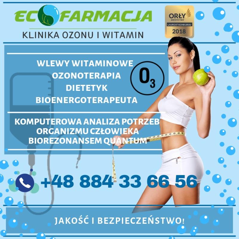 Grafika reklamowa kliniki: logo Eco Farmacja, kobieta mierzy talię, jabłko w dłoni, informacje o wlewach witaminowych, ozonoterapii, dietetyku, bioenergoterapeucie oraz komputerowej analizie...