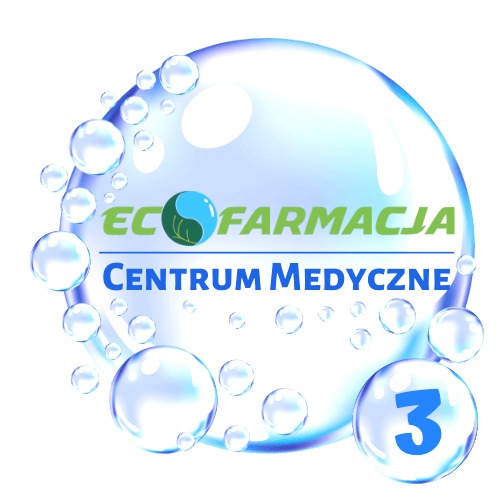 Logo Eco Farmacja Centrum Medyczne otoczone bąbelkami, z zielonym napisem Farmacja i niebieskim Centrum Medyczne.