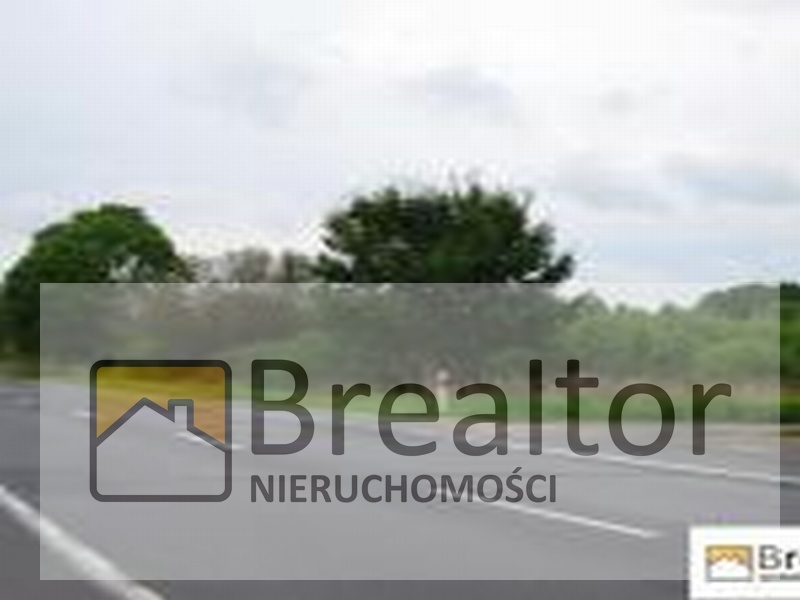 Zdjęcie działki w Bugaju z logo agencji nieruchomości BRealtor na pierwszym planie, widok na drogę i zieleń w tle.