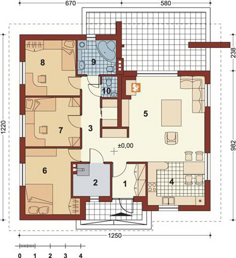 Rzut poziomy domu jednorodzinnego z wymiarami, prezentujący rozkład pomieszczeń: salon, kuchnia, sypialnie, łazienkę i wiatrołap.