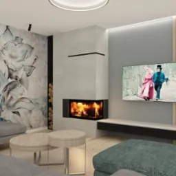 projekt salonu w błękitach i drewnie