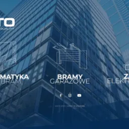 Grafika reklamowa firmy HATO prezentująca schematycznie automatykę do bram, bramy garażowe oraz elektroniczne zamki na tle nowoczesnego budynku biurowego.