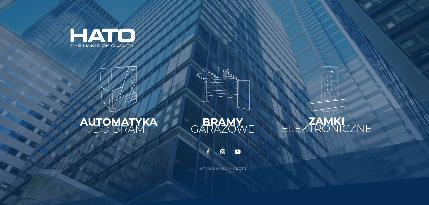 Grafika reklamowa firmy HATO prezentująca schematycznie automatykę do bram, bramy garażowe oraz elektroniczne zamki na tle nowoczesnego budynku biurowego.