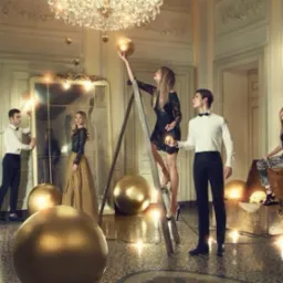 Sesja zdjęciowa odzieży męskiej: modelki i modele w eleganckich strojach pozują w luksusowym wnętrzu z dekoracjami w postaci złotych kul i oświetlenia.
