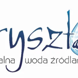 Logo firmy z nazwą 'Kryształ naturalna woda źródlana' z elementem graficznym w kształcie kropli wody.