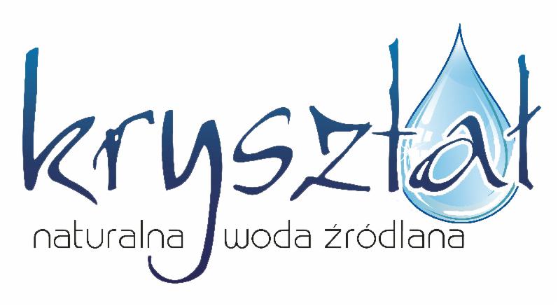 Logo firmy z nazwą 'Kryształ naturalna woda źródlana' z elementem graficznym w kształcie kropli wody.