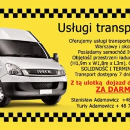 Biały samochód dostawczy Iveco Daily na żółtym tle z czarną szachownicą u góry i u dołu, prezentowany jako oferta usług przewozowych w Warszawie i okolicach, z podanymi wymiarami przestrzeni...