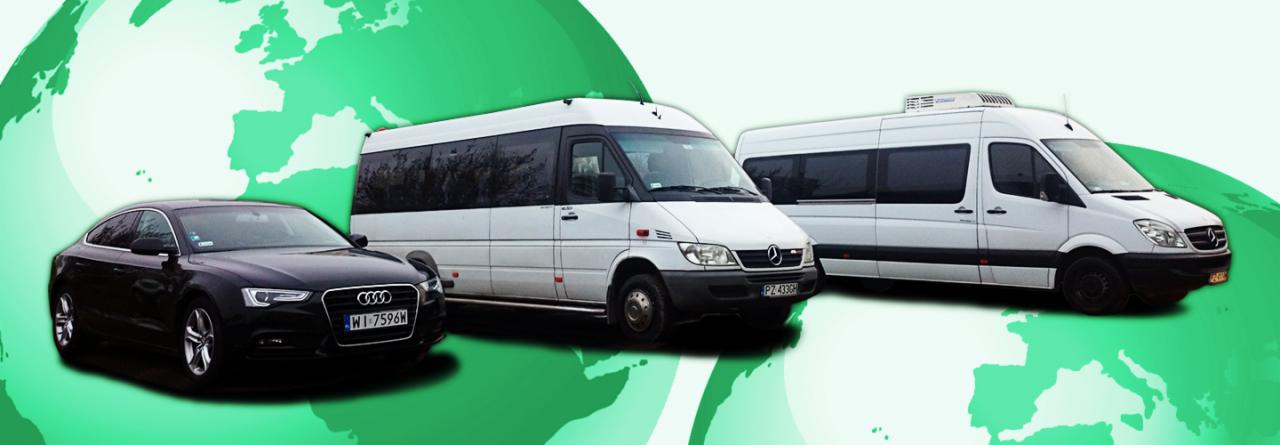 Flota pojazdów: czarne Audi A5 i dwa białe busy Mercedes Sprinter z zielonym tłem mapy Europy, sugerujące międzynarodowy transport.