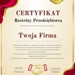 Moc Wody Sp. z o.o. - Ozdobny certyfikat 'Rzetelny Przedsiębiorca' z czerwoną i złotą ramą, pieczęcią 'Premium Quality' oraz ikoną uścisku dłoni, datowany na Lipiec 2025.