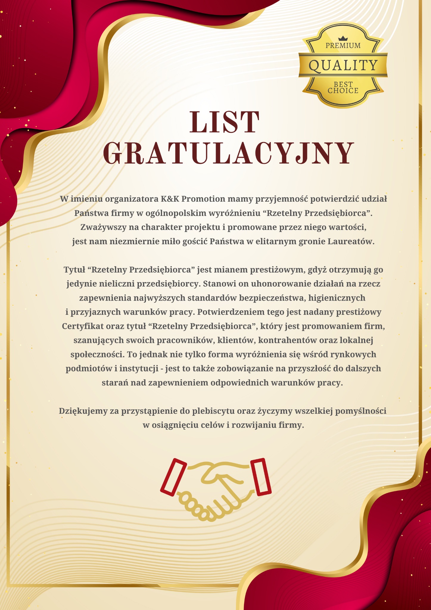 Elegancki list gratulacyjny z wyróżnieniem 'Rzetelny Przedsiębiorca', z motywem złotych zdobień i znakiem jakości premium. Tekst informuje o udziale firmy w plebiscycie.