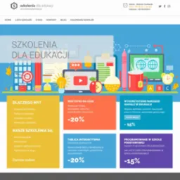 Projekt strony internetowej z ilustracjami edukacyjnymi, w tym budynkiem szkolnym, żarówką, klepsydrą, jabłkiem, kubkiem z literami ABC i globusami, promujący szkolenia dla edukacji.