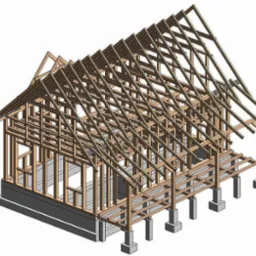 Wizualizacja 3D konstrukcji szkieletowej domu jednorodzinnego z drewnianymi belkami i betonową podmurówką, prezentująca etap budowy dachu i ścian.