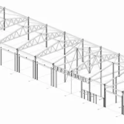 Schemat 3D konstrukcji stalowej hali z widocznymi słupami, wiązarami dachowymi i stężeniami, prezentowany w formie linii na białym tle.