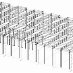 Szkic 3D konstrukcji stalowej hali, widok z góry, ukazujący siatkę belek i słupów, z uwzględnieniem rozmieszczenia i połączeń elementów.