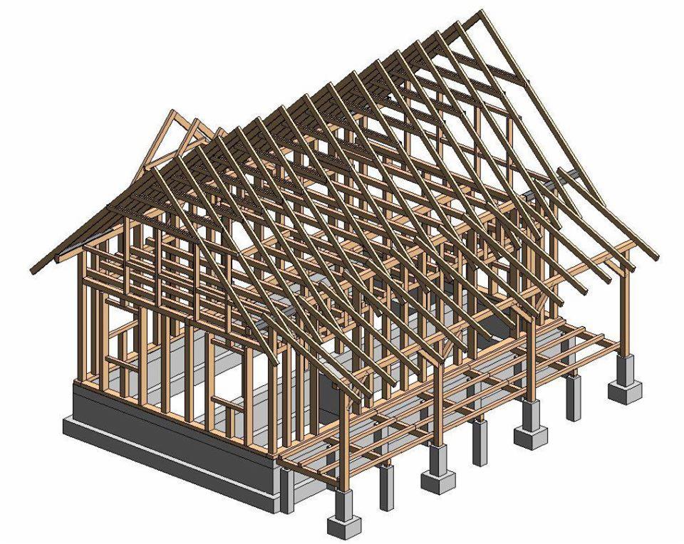 Wizualizacja 3D konstrukcji szkieletowej domu jednorodzinnego z drewnianymi belkami i betonową podmurówką, prezentująca etap budowy dachu i ścian.