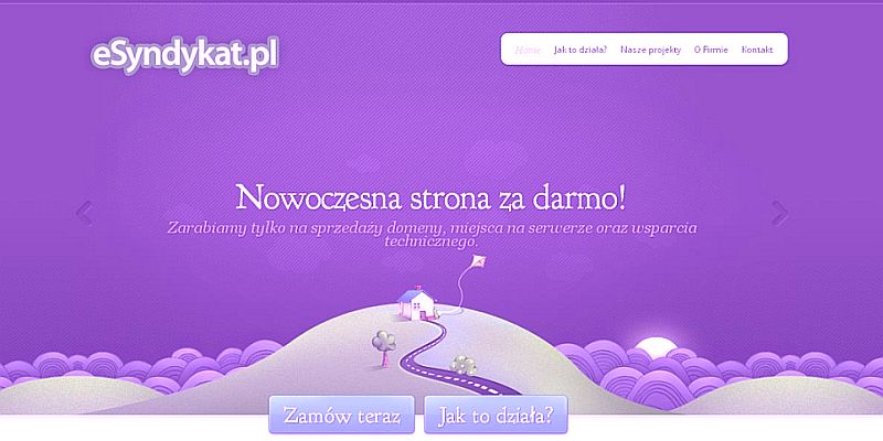 Fioletowa strona internetowa eSyndykat.pl z hasłem 'Nowoczesna strona za darmo!' i ilustracją domu, drogi i latawca na wzgórzu.