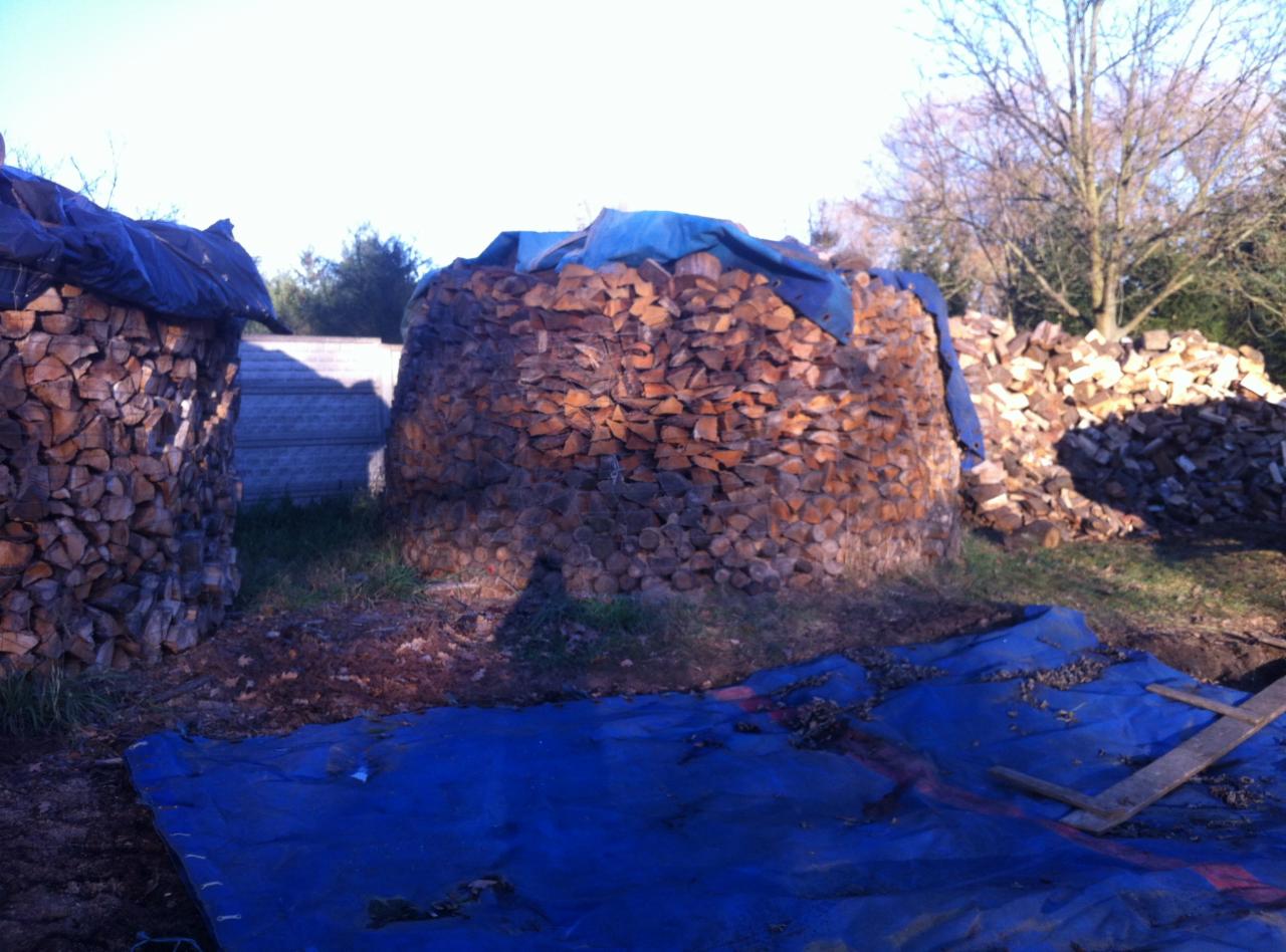 Stosy drewna kominkowego ułożone w okrągłe kopce, przykryte niebieską plandeką. Widoczne drzewa w tle i niebieska plandeka na ziemi.