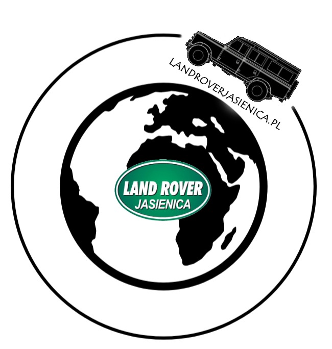 Logo firmy Land Rover Jasienica z sylwetką terenowego samochodu na tle mapy świata i adresem strony internetowej.