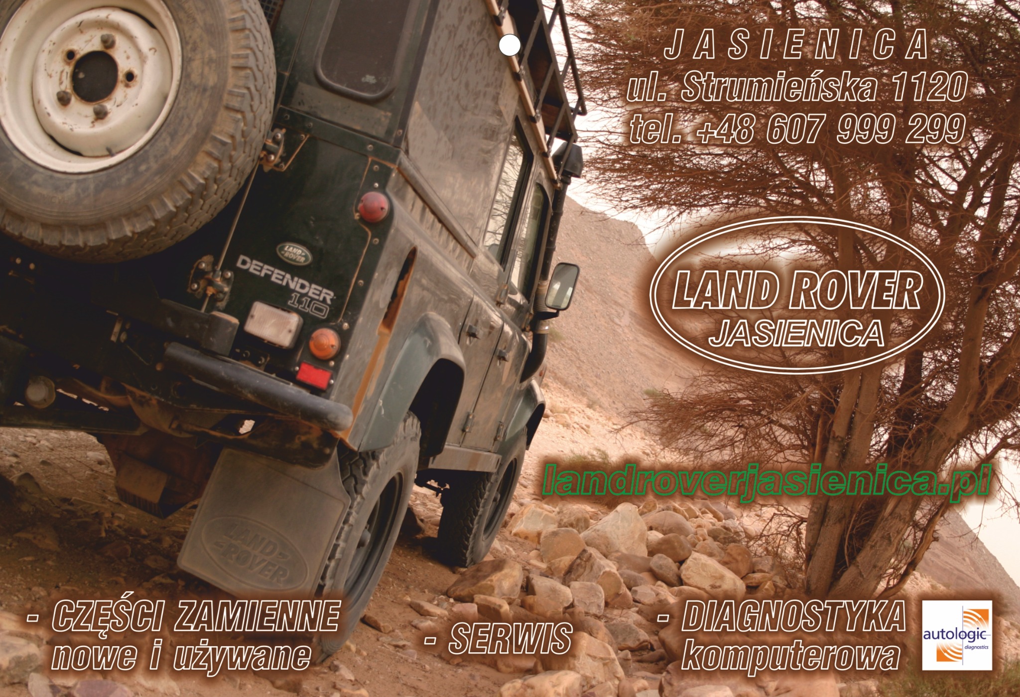 Reklama warsztatu Land Rover Jasienica z adresem i numerem telefonu na tle zielonego Defendera 110 jadącego po kamienistym terenie.