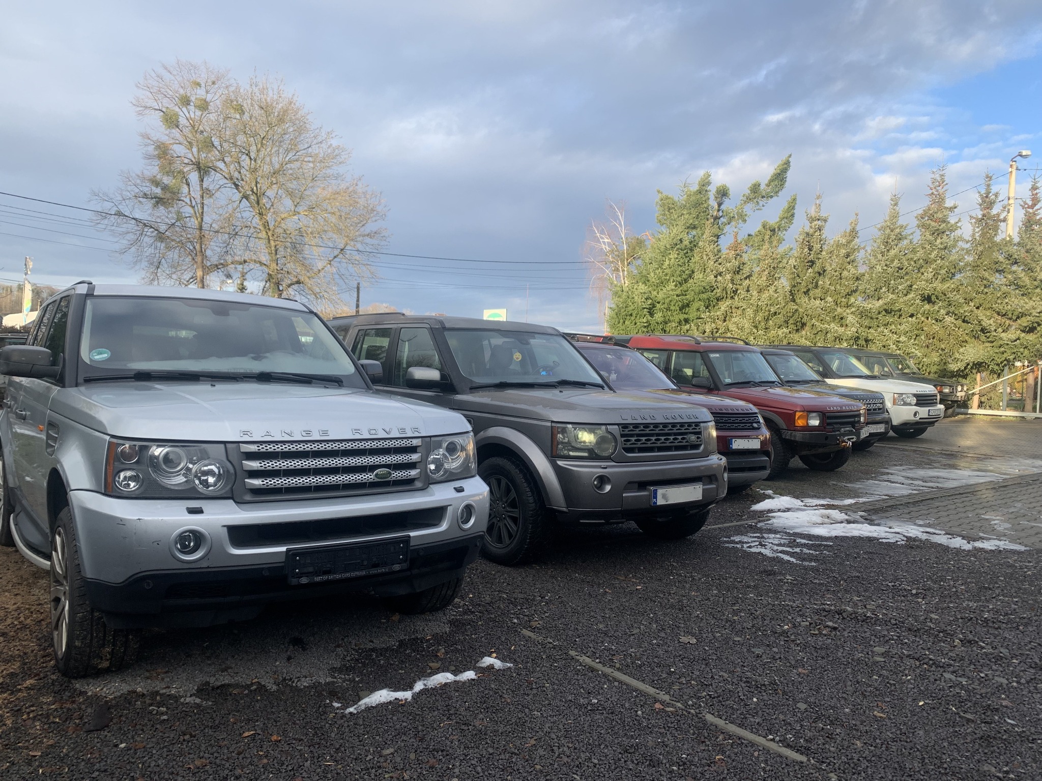Szereg zaparkowanych samochodów marki Land Rover różnych modeli i kolorów, z drzewami w tle, na żwirowym parkingu z resztkami śniegu.