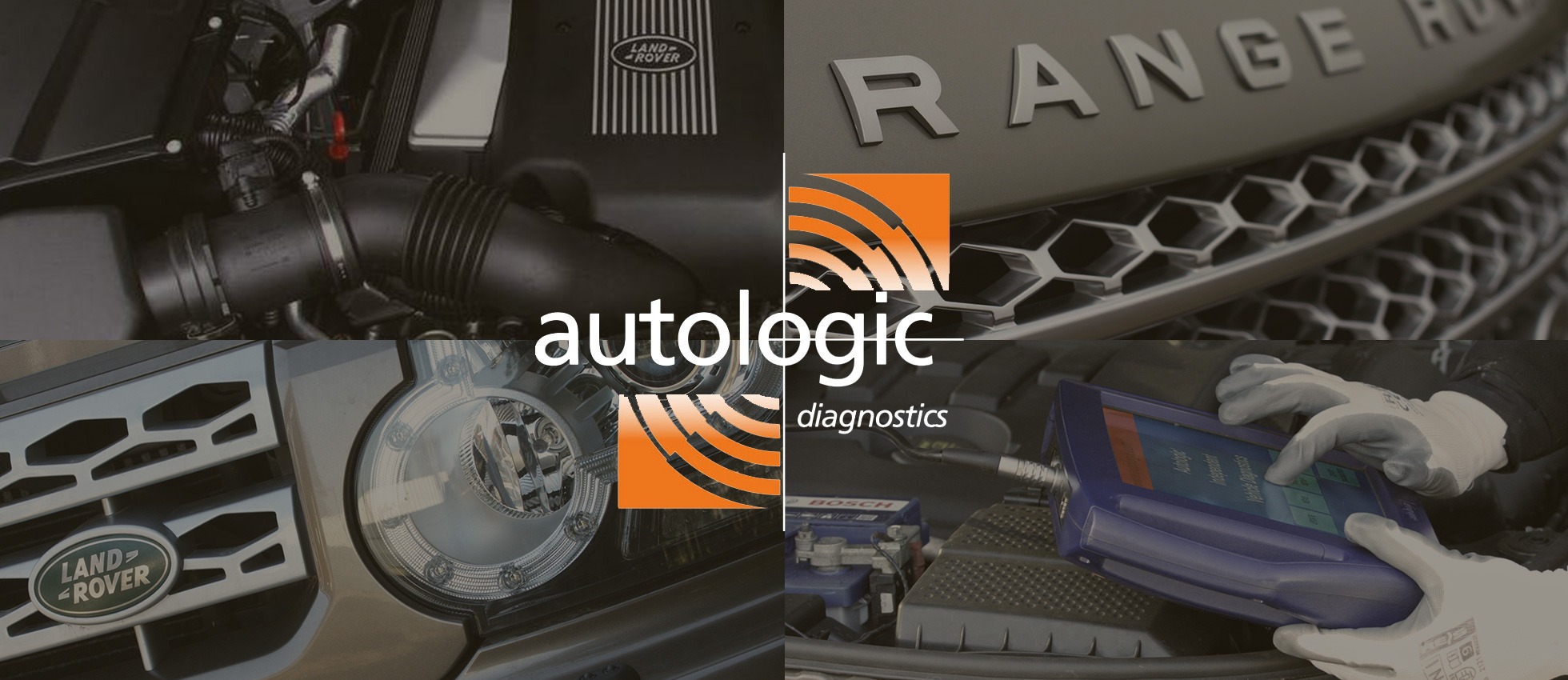 Diagnostyka silnika Land Rover Range Rover z użyciem urządzenia Autologic Diagnostics, widoczne rękawice ochronne.