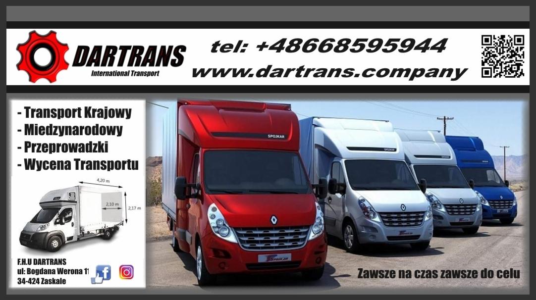 Flota samochodów dostawczych firmy DARTANS w kolorach czerwonym, srebrnym i niebieskim na tle krajobrazu, z logo firmy i danymi kontaktowymi, w tym numerem telefonu i adresem strony internetowej.