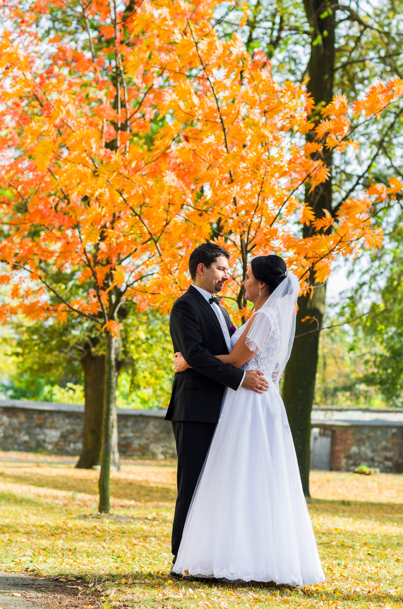 Para młoda obejmująca się w parku jesienią, drzewo z pomarańczowymi liśćmi w tle, ona w białej sukni z koronką, on w czarnym smokingu z muszką.