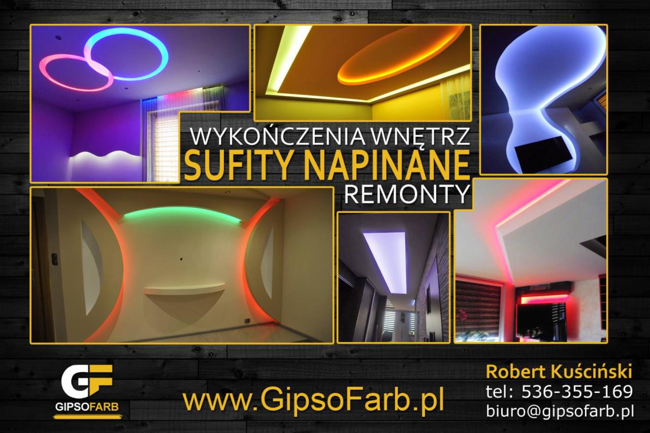 Dekoracyjne sufity napinane z oświetleniem LED w różnych kształtach i kolorach, prezentowane w kolażu z logo firmy i danymi kontaktowymi.