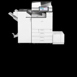 Profesjonalna, nowa, biała kserokopiarka Ricoh IM C5500A z panelem dotykowym, widoczna z przodu na czarnym tle.