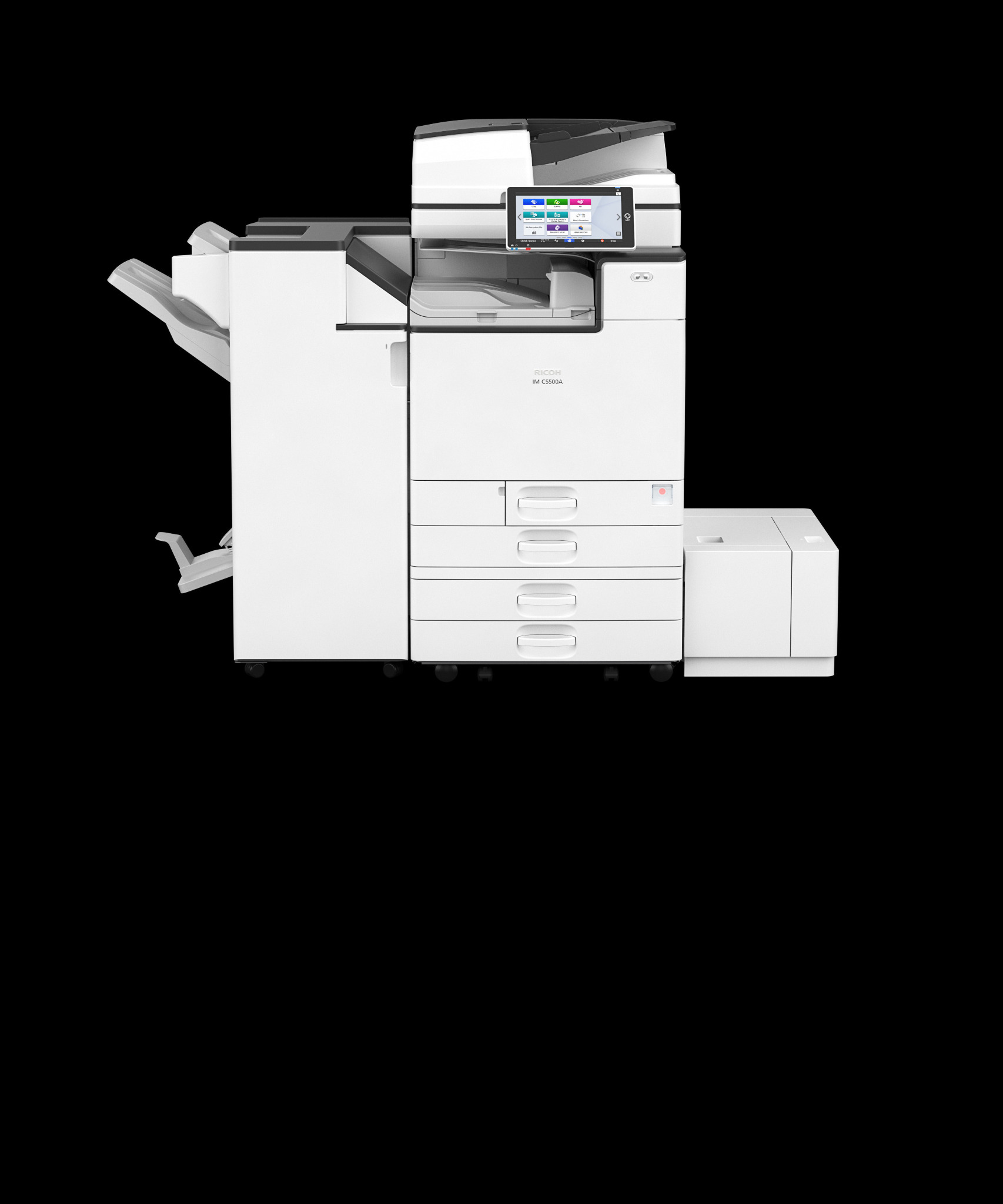 Profesjonalna, nowa, biała kserokopiarka Ricoh IM C5500A z panelem dotykowym, widoczna z przodu na czarnym tle.