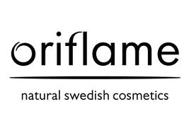 Logo firmy Oriflame, naturalne szwedzkie kosmetyki, czarny napis na białym tle.