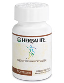 Białe opakowanie suplementu diety Herbalife Fiberbond z zielono-niebieskim logo przedstawiającym sylwetkę osoby w ruchu, na białym tle.