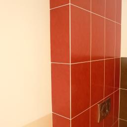 Usługi Glazurnicze-Wykończenia Wnętrz - Czerwone, błyszczące płytki ceramiczne ułożone na ścianie łazienki z widocznym przyciskiem spłuczki i fragmentem sąsiedniej ściany pomalowanej na beżowo.
