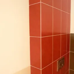 Czerwone, błyszczące płytki ceramiczne ułożone na ścianie łazienki z widocznym przyciskiem spłuczki i fragmentem sąsiedniej ściany pomalowanej na beżowo.