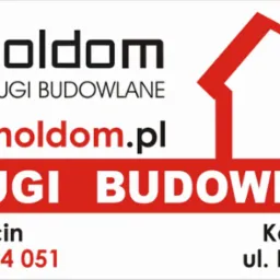 Wizytówka firmy Moldom. Logo z domem, adres strony www.moldom.pl, usługi budowlane, numer telefonu, adres firmy w Kosorowicach.