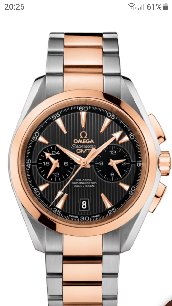 Dwukolorowy zegarek Omega Seamaster GMT z czarną tarczą i datownikiem, ukazujący precyzję wykonania i nowoczesny design z elementami różowego złota.