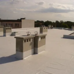 Białe, płaskie pokrycie dachu z kominami wentylacyjnymi i dwoma pracownikami w oddali, budynek i drzewa w tle.